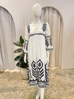 Greek Archaic Kori Embroidered Midi Dress in White - Size Small (10-12)