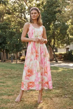 Garden Soirée Maxi Dress in Pink Multi Floral Linen Blend