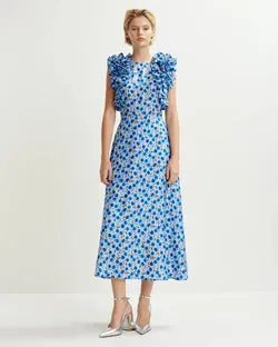 Floral-Print Silk Midi Dress With Ruffles (Blue/Burgundy)