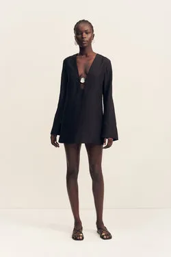 PALOMA PLUNGED LONG SLEEVE MINI DRESS - BLACK