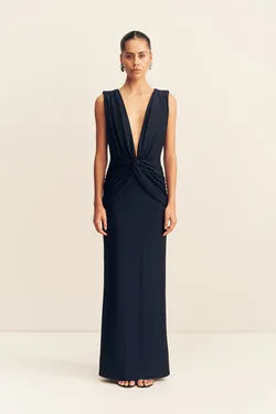 STELLAR LUREX PLUNGED NECK MAXI DRESS - MIDNIGHT
