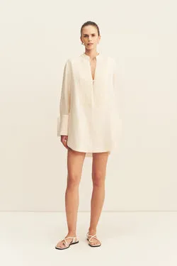 MARLOWE LINEN BLEND PIN TUCK MINI DRESS - ECRU