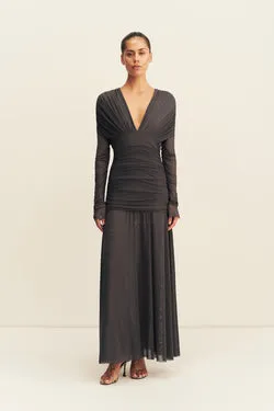 MIRA MESH PLUNGED GATHERED MAXI DRESS - SHADOW