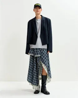 Asymmetrical Draped Skirt with Shirt-Sleeve Waist Detail (Navy/White)