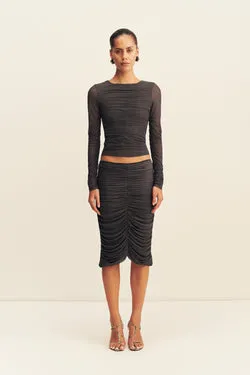 MIRA MESH GATHERED MIDI SKIRT - SHADOW