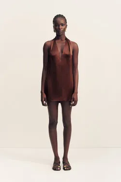 SAVANNA HALTER NECK MINI DRESS - COFFEE