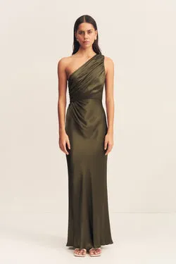 LA LUNE GATHERED ONE SHOULDER MAXI DRESS - FOREST