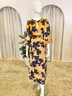 Husk Deep Gold Floral Midi Dress - Size 10