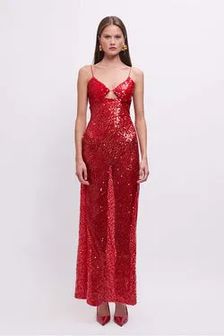 Allure Sheer Sequin Maxi Dress – Red