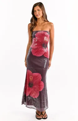 Arizona Hibiscus Wine Sequin Maxi Dress