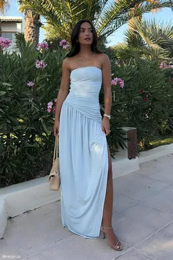 Bex Strapless Slinky Maxi Dress With Split - Pale Blue
