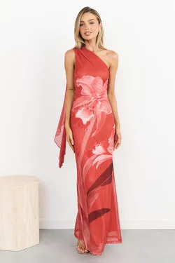 Ava One Shoulder Mesh Maxi Dress - Red
