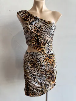 Halpern Leopard Print One Shoulder Dress - size 36