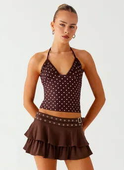 Bahama Eyelet Lace Up Top - Chocolate Strawberry Dot