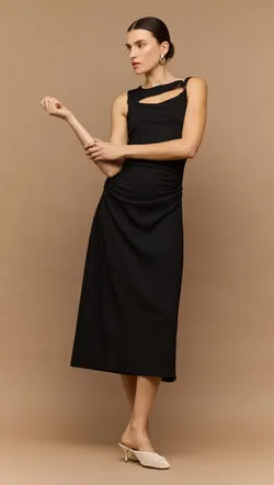 Black Cut Out Ruched A-Line Midi Dress With Bead Detail