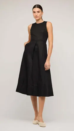 Black Linen A-Line Midi Dress