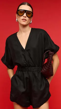Black Linen Blend V-neck Playsuit