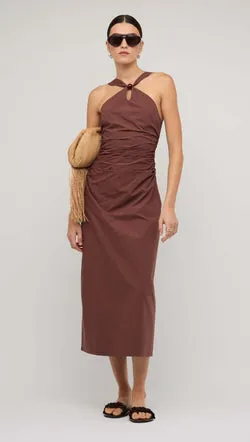 Brown Cotton Bead Halter-Neck Ruched Midi Dress