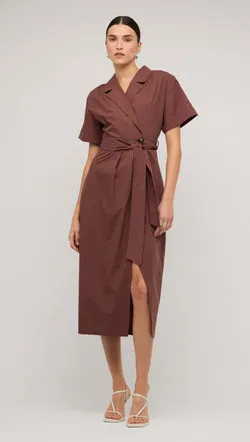 Brown Cotton Wrap Midi Shirt Dress