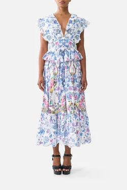 WAISTED MIDI DRESS WITH RUFFLE DETAILS ALL ABOUT THAT LACE