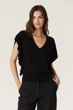 Silk Tencel Frill Knit Top - Black