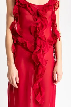 Sheer Ruffle Slip Dress - Red