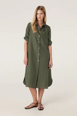 Pure Linen Shirt Dress - Khaki