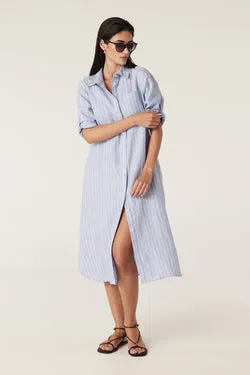 Pure Linen Shirt Dress - Blue Pinstripe