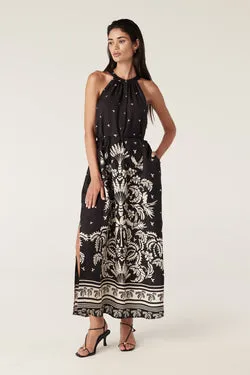 Twilight Halter Neck Dress - Black Palm Print