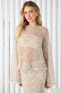 Celeste Long Sleeve Sequin Top - Cream - FINAL SALE