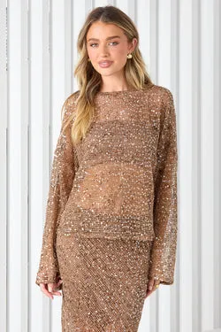 Celeste Long Sleeve Sequin Top - Mocha - FINAL SALE