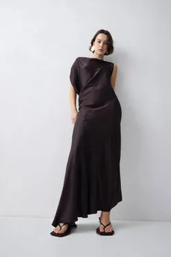 CHOCOLATE SILK SATIN ILLUSIONIST DRESS