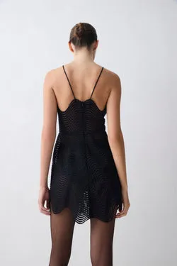 BLACK SCALLOPED LACE FLUX MINI DRESS