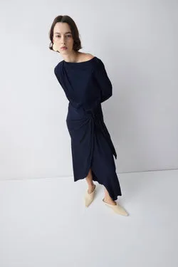 NAVY SATIN CREPE MORI MIDI DRESS