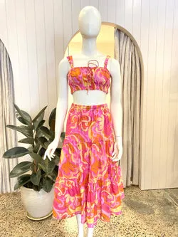 Steele Pink and Yellow Aquata Paridso Top and Maxi Skirt Set - Size S/M