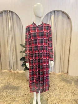 Kuwaii Burgundy Plaid Midi Dress - Size 14