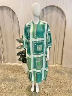 Oroton Bandana Print in Green Midi Dress - Size 16