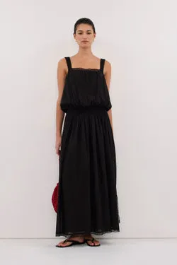 ROSIN BLACK SHIRRED LACE MIDI DRESS