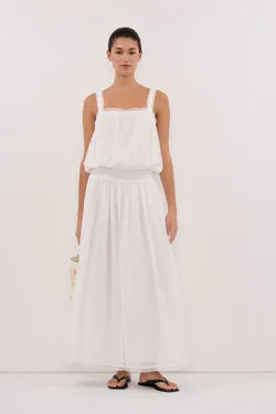 ROSIN WHITE SHIRRED LACE MIDI DRESS