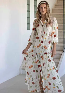 Perennial Floral Sleeve Button Through Maxi Dress