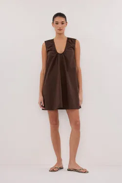 GABBY BITTER CHOC OVERSIZED COTTON MINI DRESS