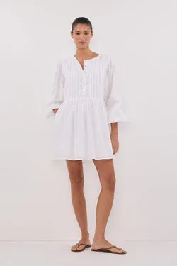 LARS WHITE BUTTON LONG SLEEVE LINEN MINI DRESS