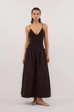 RAMONA BURNT CHOC SLEEVELESS COTTON MIDI DRESS