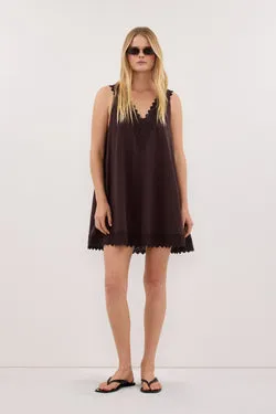 ANNABEL BURNT CHOC SLEEVELESS V NECK MINI DRESS