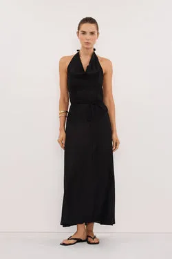HAYLEE BLACK SLEEVELESS LINEN COWL MIDI DRESS