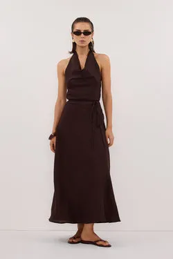 HAYLEE BURNT CHOC SLEEVELESS LINEN COWL MIDI DRESS