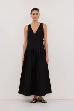 ILIO BLACK SLEEVELESS LINEN&nbsp;WRAP MIDI DRESS