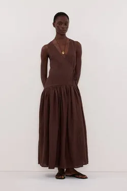 ILIO COCOA SLEEVELESS LINEN&nbsp;WRAP MIDI DRESS