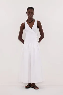 ILIO WHITE SLEEVELESS LINEN WRAP MIDI DRESS