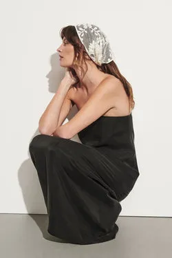 EDITH BLACK CUPRO STRAPLESS COCOON MIDI DRESS